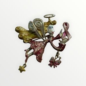 Karen Rossi Angel Ribbon Dangle Brooch Gold Tone Approx 2.5" Enamel Butterfly